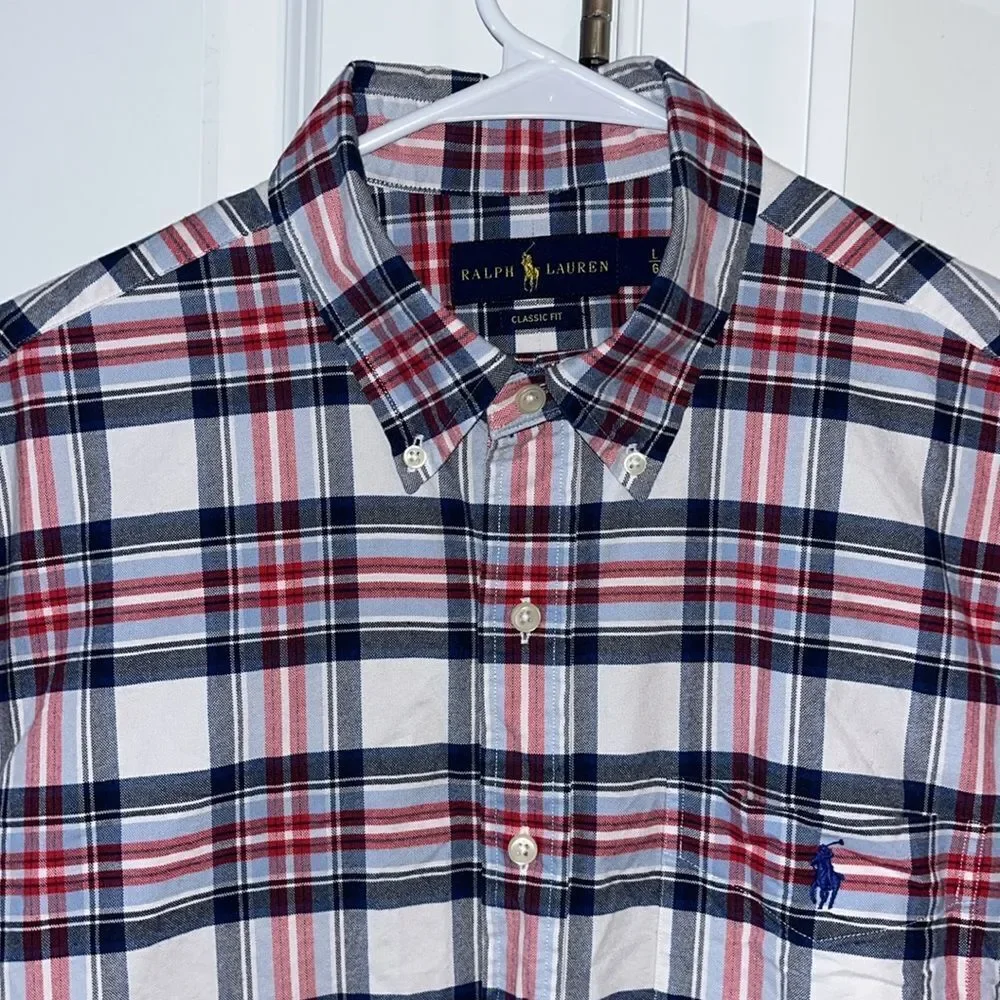 Pony Polo by Ralph Lauren Red White Blue Pocket SS 4th of July Cotton Shirt L